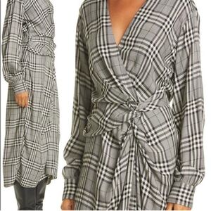 Rag & Bone Amber Faux Wrap Plaid Dress Midi Front Twist Black White Long Sleeve